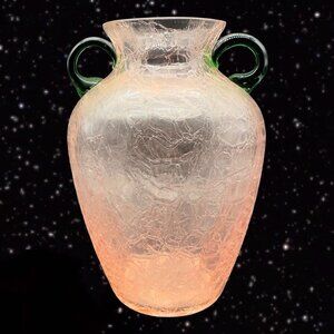 Pink Crackled Art Glass Vase with Applied Green Handles Textured Surface 8”T 3”W